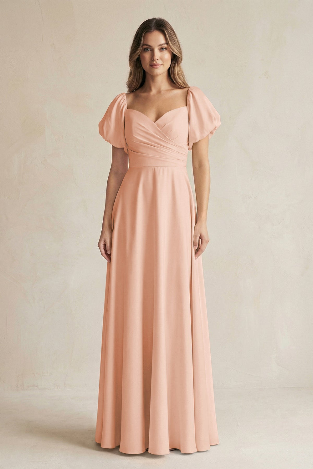 Sweetheart Puff Sleeve A - Line Chiffon Bridesmaid Dress in English Rose - SHE IS ME Bridesmaid Dresses