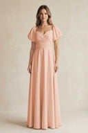 Sweetheart Puff Sleeve A - Line Chiffon Bridesmaid Dress in English Rose - KISS BRIDAL Bridesmaid Dresses