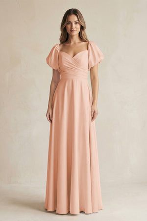 Sweetheart Puff Sleeve A - Line Chiffon Bridesmaid Dress in English Rose - KISS BRIDAL Bridesmaid Dresses