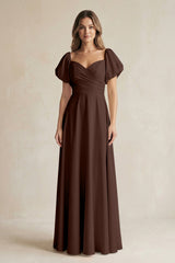 Sweetheart Puff Sleeve A - Line Chiffon Bridesmaid Dress in Espresso - KISS BRIDAL Bridesmaid Dresses