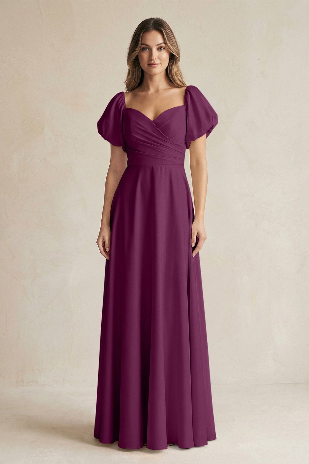 Sweetheart Puff Sleeve A - Line Chiffon Bridesmaid Dress in Fig - KISS BRIDAL Bridesmaid Dresses