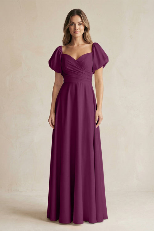 Sweetheart Puff Sleeve A - Line Chiffon Bridesmaid Dress in Fig - KISS BRIDAL Bridesmaid Dresses