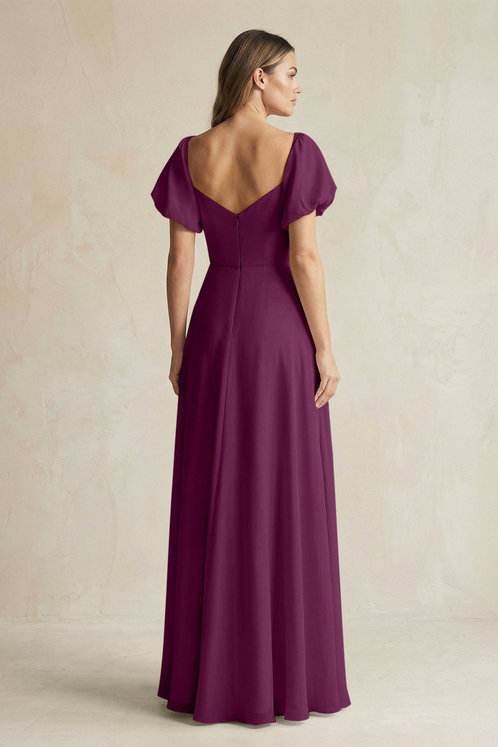 Sweetheart Puff Sleeve A - Line Chiffon Bridesmaid Dress in Fig - KISS BRIDAL Bridesmaid Dresses