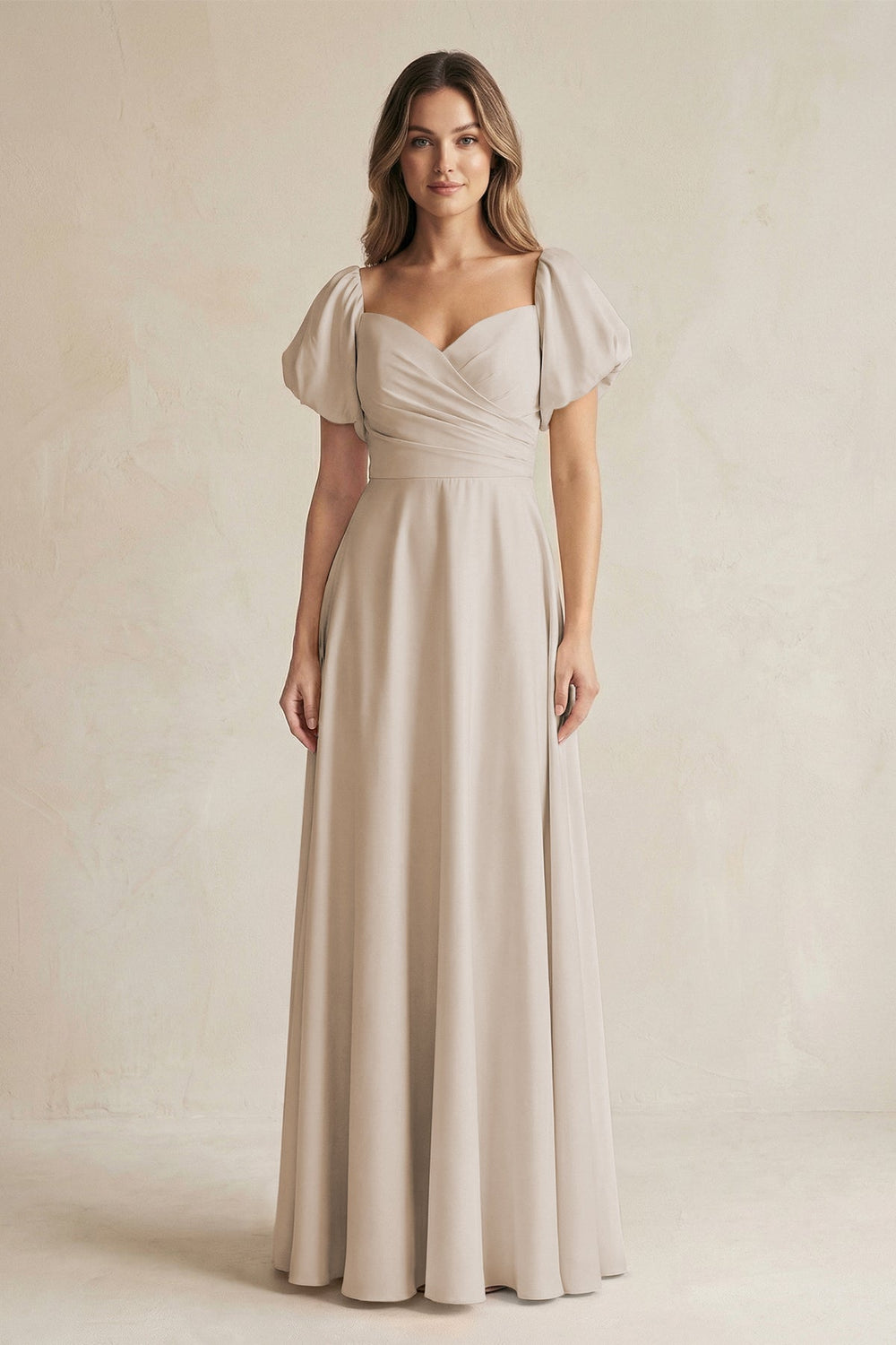 Sweetheart Puff Sleeve A - Line Chiffon Bridesmaid Dress in Frost - KISS BRIDAL Bridesmaid Dresses
