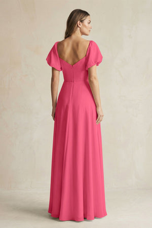 Sweetheart Puff Sleeve A - Line Chiffon Bridesmaid Dress in Fuchsia - KISS BRIDAL Bridesmaid Dresses