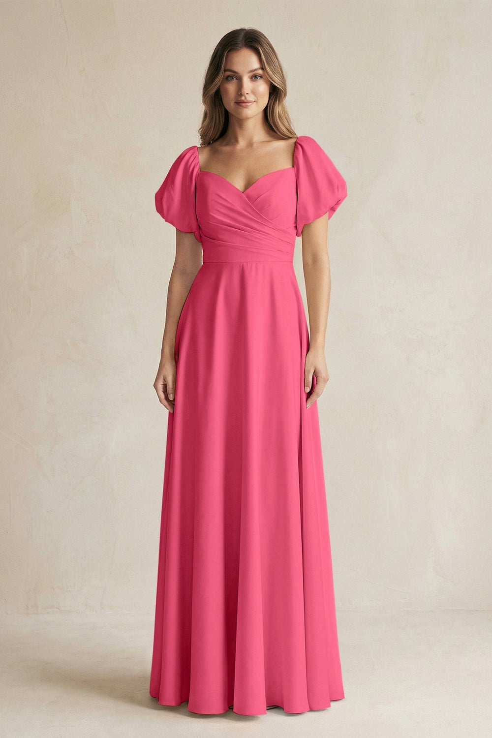 Sweetheart Puff Sleeve A - Line Chiffon Bridesmaid Dress in Fuchsia - SHE IS ME Bridesmaid Dresses