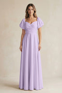 Sweetheart Puff Sleeve A - Line Chiffon Bridesmaid Dress in Lavender - KISS BRIDAL Bridesmaid Dresses