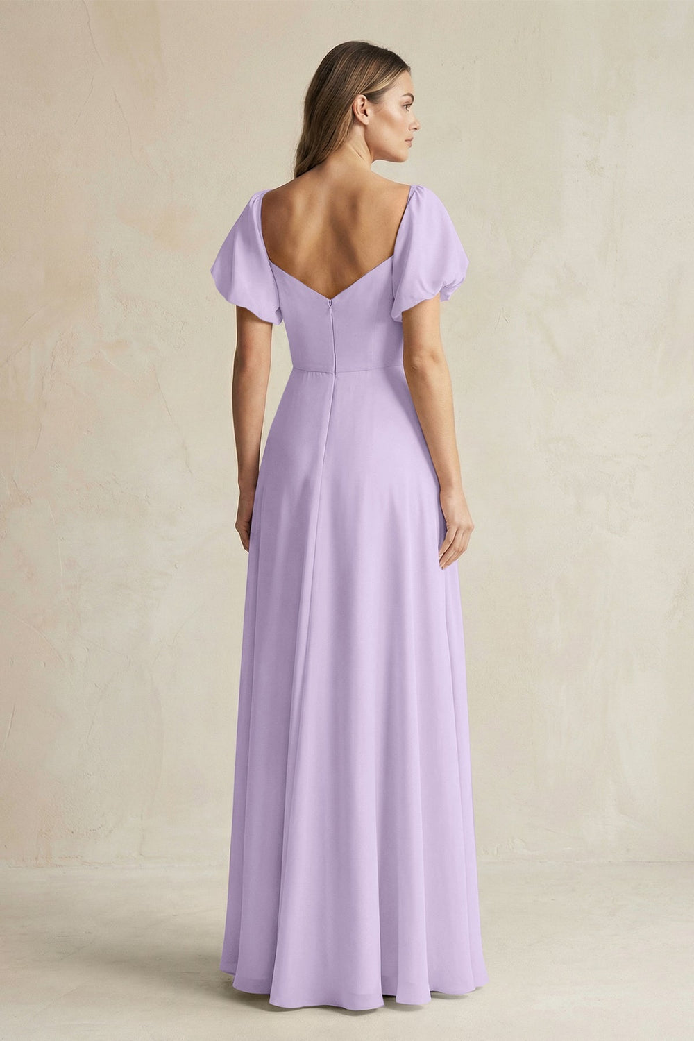 Sweetheart Puff Sleeve A - Line Chiffon Bridesmaid Dress in Lavender - KISS BRIDAL Bridesmaid Dresses