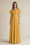 Sweetheart Puff Sleeve A - Line Chiffon Bridesmaid Dress in Marigold - KISS BRIDAL Bridesmaid Dresses