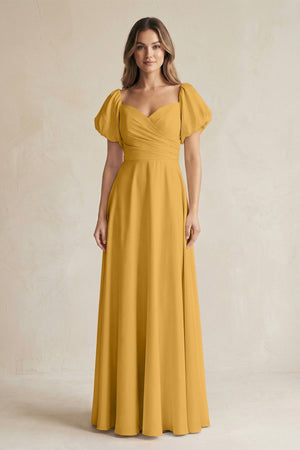 Sweetheart Puff Sleeve A - Line Chiffon Bridesmaid Dress in Marigold - KISS BRIDAL Bridesmaid Dresses