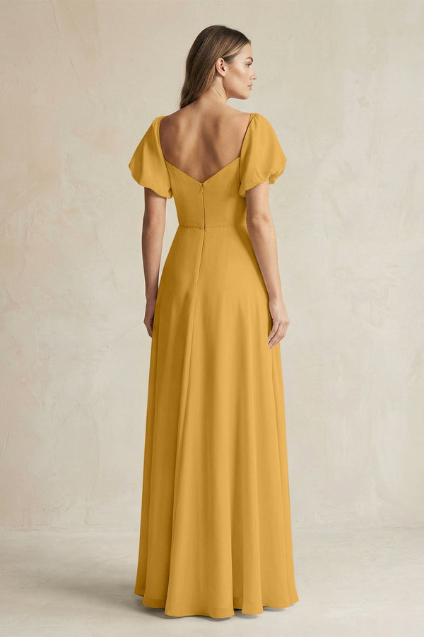 Sweetheart Puff Sleeve A - Line Chiffon Bridesmaid Dress in Marigold - KISS BRIDAL Bridesmaid Dresses