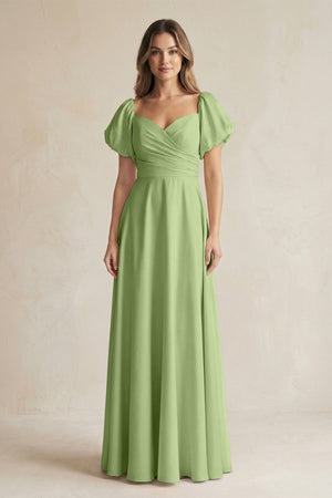 Sweetheart Puff Sleeve A - Line Chiffon Bridesmaid Dress in Matcha - SHE IS ME Bridesmaid Dresses