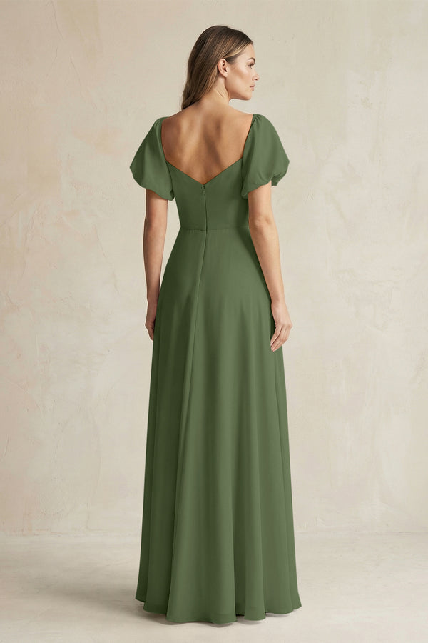 Sweetheart Puff Sleeve A-Line Chiffon Bridesmaid Dress in Moss (2) | KISSBRIDAL