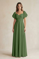 Sweetheart Puff Sleeve A - Line Chiffon Bridesmaid Dress in Moss - KISS BRIDAL Bridesmaid Dresses