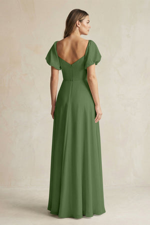 Sweetheart Puff Sleeve A - Line Chiffon Bridesmaid Dress in Moss - KISS BRIDAL Bridesmaid Dresses