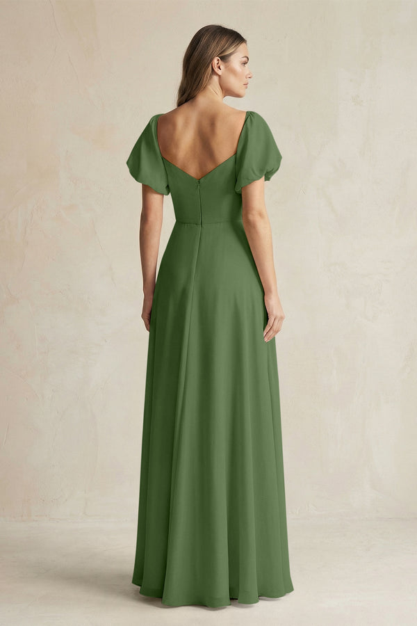 Sweetheart Puff Sleeve A - Line Chiffon Bridesmaid Dress in Moss - KISS BRIDAL Bridesmaid Dresses