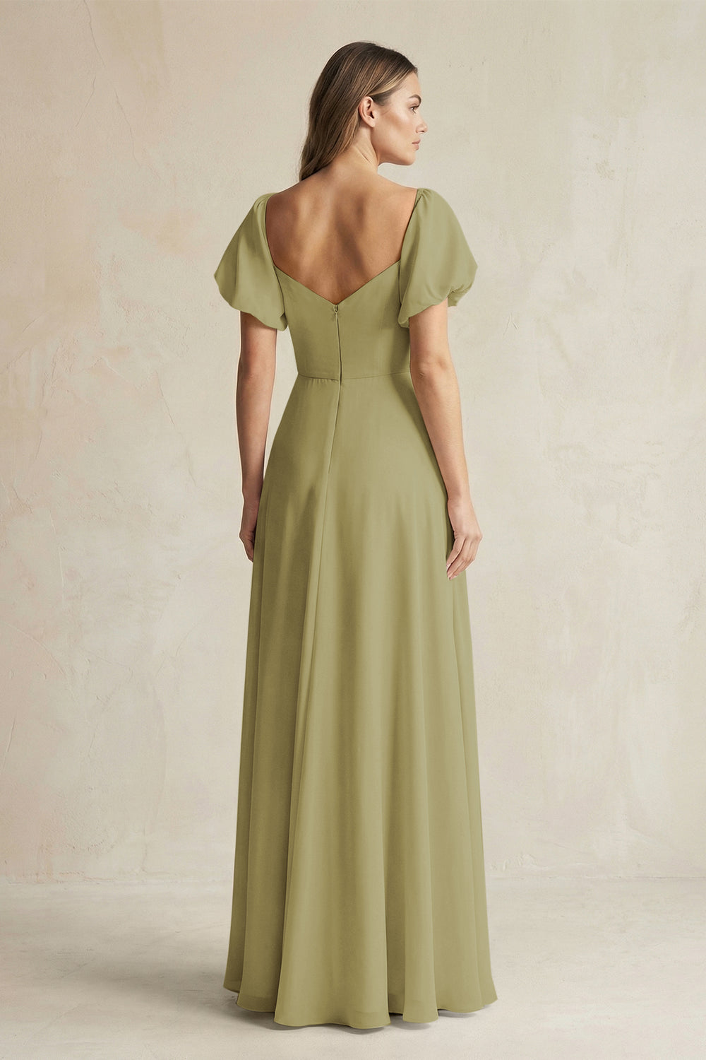 Sweetheart Puff Sleeve A-Line Chiffon Bridesmaid Dress in Moss Green