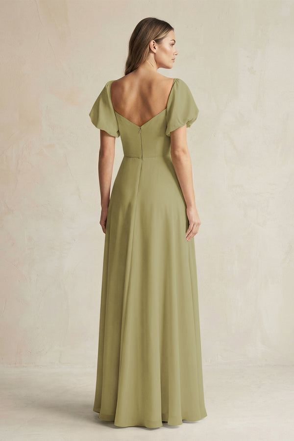 Sweetheart Puff Sleeve A-Line Chiffon Bridesmaid Dress in Moss Green (2) | KISSBRIDAL