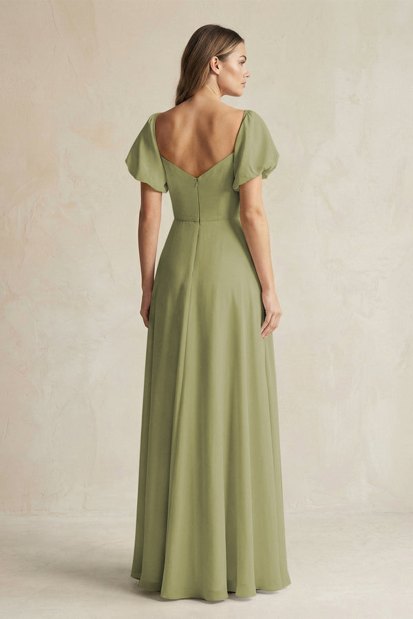 Sweetheart Puff Sleeve A - Line Chiffon Bridesmaid Dress in Moss Green - SHE IS ME Bridesmaid Dresses