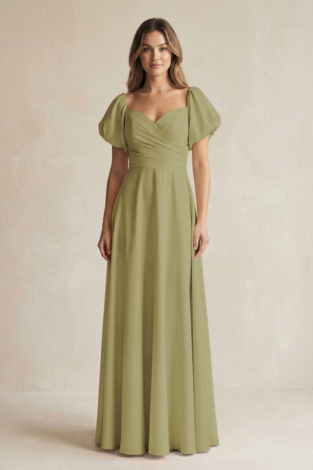 Sweetheart Puff Sleeve A-Line Chiffon Bridesmaid Dress in Moss Green