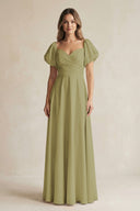 Sweetheart Puff Sleeve A-Line Chiffon Bridesmaid Dress in Moss Green | KISSBRIDAL