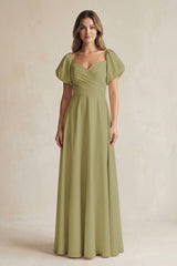Sweetheart Puff Sleeve A-Line Chiffon Bridesmaid Dress in Moss Green | KISSBRIDAL