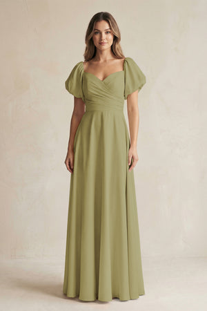Sweetheart Puff Sleeve A-Line Chiffon Bridesmaid Dress in Moss Green | KISSBRIDAL