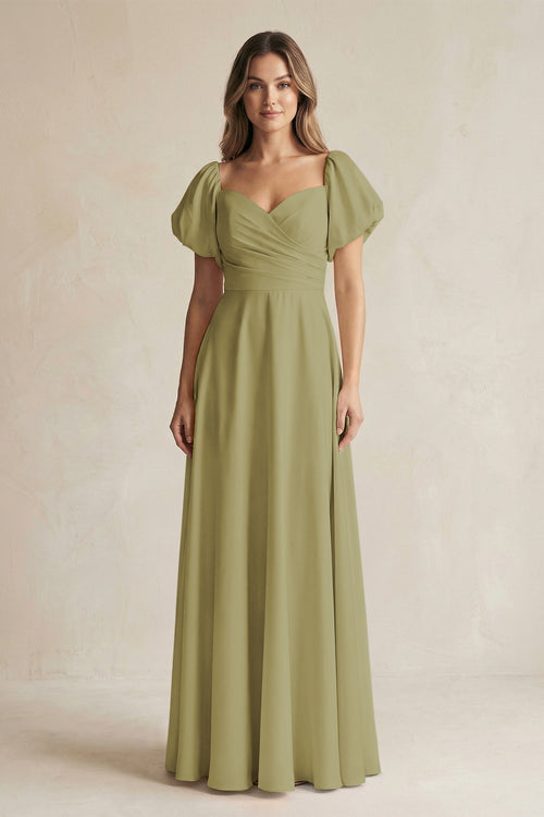 Sweetheart Puff Sleeve A-Line Chiffon Bridesmaid Dress in Moss Green | KISSBRIDAL