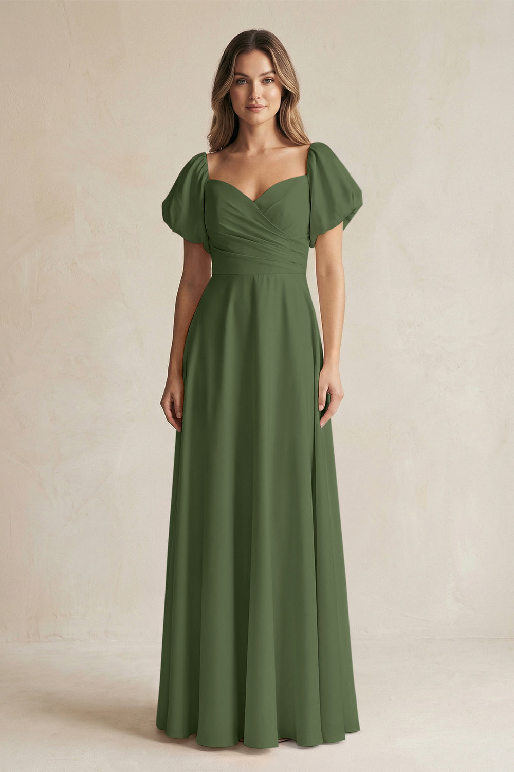 Sweetheart Puff Sleeve A-Line Chiffon Bridesmaid Dress in Moss