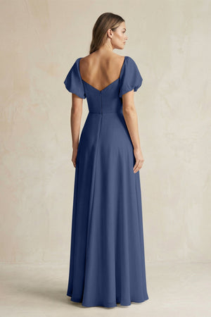 Sweetheart Puff Sleeve A - Line Chiffon Bridesmaid Dress in Navy - KISS BRIDAL Bridesmaid Dresses