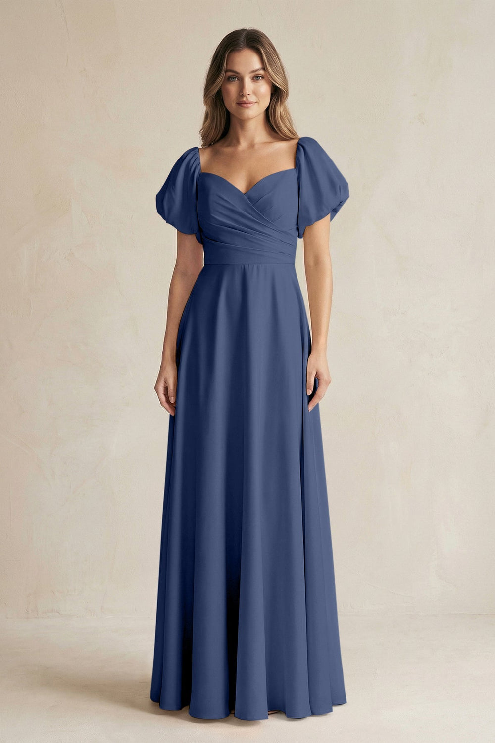 Sweetheart Puff Sleeve A - Line Chiffon Bridesmaid Dress in Navy - KISS BRIDAL Bridesmaid Dresses