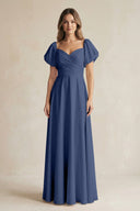 Sweetheart Puff Sleeve A - Line Chiffon Bridesmaid Dress in Navy - KISS BRIDAL Bridesmaid Dresses