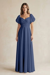 Sweetheart Puff Sleeve A - Line Chiffon Bridesmaid Dress in Navy - KISS BRIDAL Bridesmaid Dresses