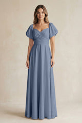 Sweetheart Puff Sleeve A - Line Chiffon Bridesmaid Dress in Neptune - KISS BRIDAL Bridesmaid Dresses