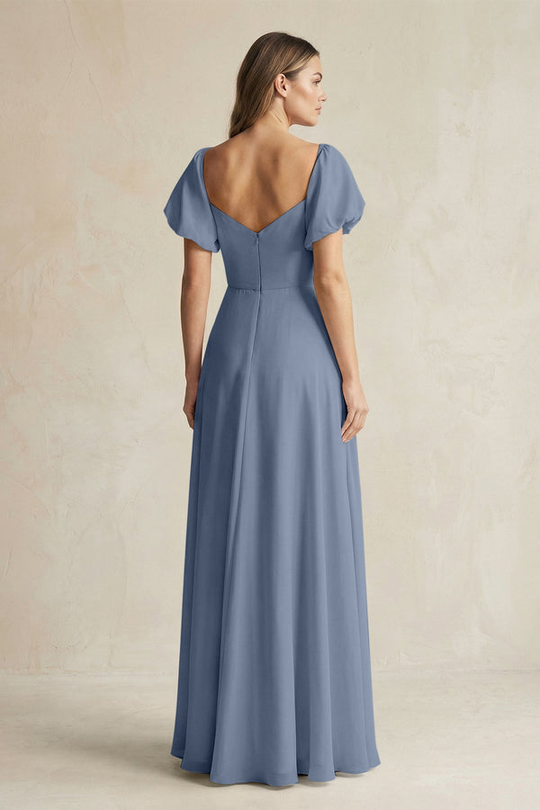Sweetheart Puff Sleeve A - Line Chiffon Bridesmaid Dress in Neptune - KISS BRIDAL Bridesmaid Dresses