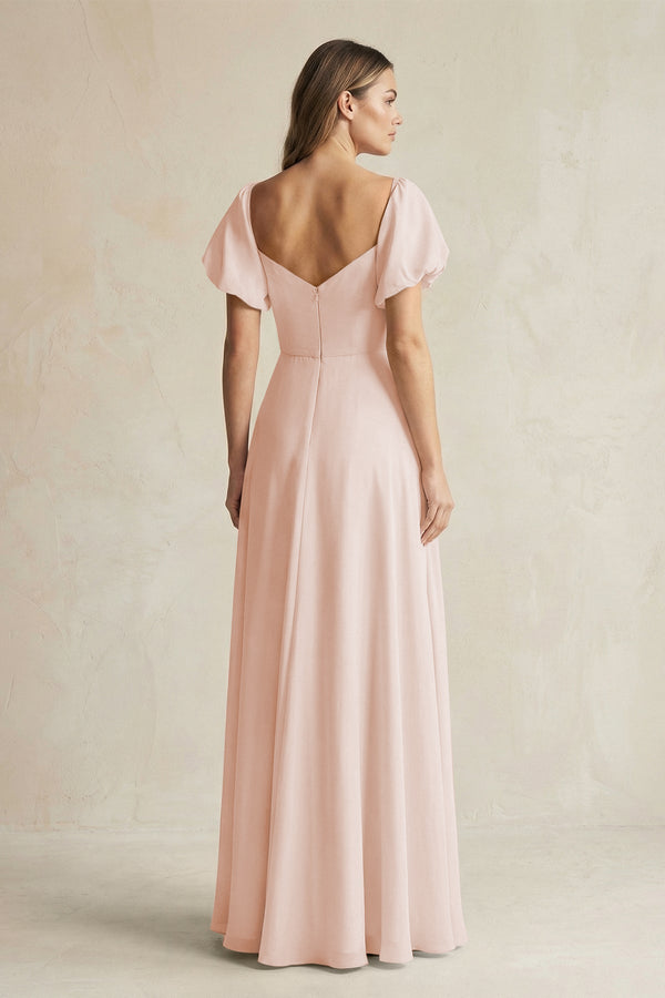 Sweetheart Puff Sleeve A - Line Chiffon Bridesmaid Dress in Pale Blush - KISS BRIDAL Bridesmaid Dresses