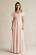 Sweetheart Puff Sleeve A - Line Chiffon Bridesmaid Dress in Pale Blush - KISS BRIDAL Bridesmaid Dresses
