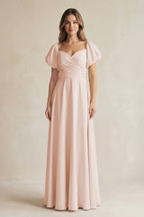 Sweetheart Puff Sleeve A - Line Chiffon Bridesmaid Dress in Pale Blush - KISS BRIDAL Bridesmaid Dresses