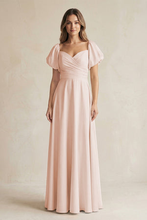 Sweetheart Puff Sleeve A - Line Chiffon Bridesmaid Dress in Pale Blush - KISS BRIDAL Bridesmaid Dresses