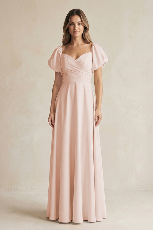 Sweetheart Puff Sleeve A - Line Chiffon Bridesmaid Dress in Pale Blush - KISS BRIDAL Bridesmaid Dresses