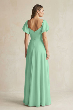 Sweetheart Puff Sleeve A - Line Chiffon Bridesmaid Dress in Pale Pistachio - SHE IS ME Bridesmaid Dresses