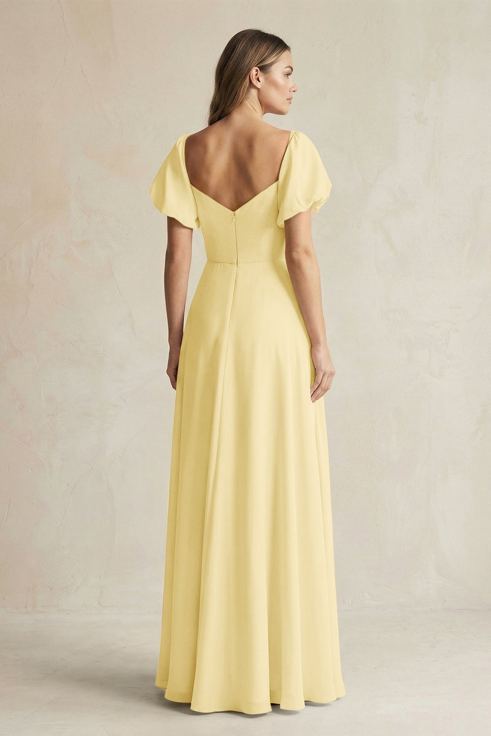Sweetheart Puff Sleeve A - Line Chiffon Bridesmaid Dress in Pastel Yellow - KISS BRIDAL Bridesmaid Dresses