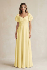 Sweetheart Puff Sleeve A - Line Chiffon Bridesmaid Dress in Pastel Yellow - KISS BRIDAL Bridesmaid Dresses