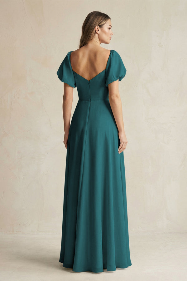 Sweetheart Puff Sleeve A - Line Chiffon Bridesmaid Dress in Pine - SHE IS ME Bridesmaid Dresses