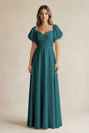 Sweetheart Puff Sleeve A - Line Chiffon Bridesmaid Dress in Pine - SHE IS ME Bridesmaid Dresses