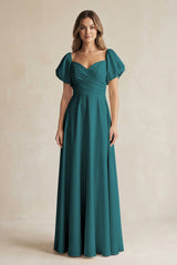 Sweetheart Puff Sleeve A - Line Chiffon Bridesmaid Dress in Pine - KISS BRIDAL Bridesmaid Dresses