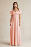 Sweetheart Puff Sleeve A - Line Chiffon Bridesmaid Dress in Rose Petal - SHE IS ME Bridesmaid Dresses