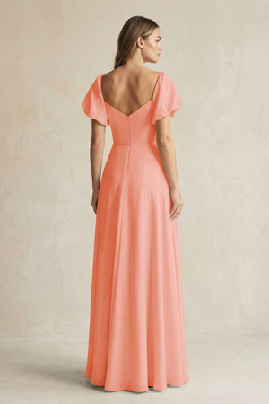 Sweetheart Puff Sleeve A - Line Chiffon Bridesmaid Dress in Rosette - KISS BRIDAL Bridesmaid Dresses