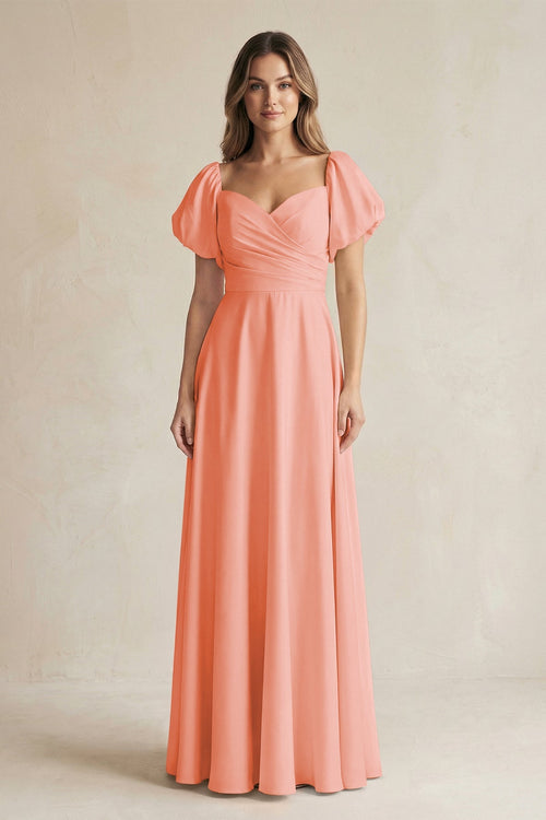 Sweetheart Puff Sleeve A - Line Chiffon Bridesmaid Dress in Rosette - KISS BRIDAL Bridesmaid Dresses