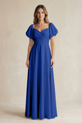 Sweetheart Puff Sleeve A - Line Chiffon Bridesmaid Dress in Royal Blue - KISS BRIDAL Bridesmaid Dresses